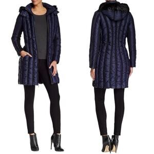 ZAC Zac Posen Carla Down Fur-Trim Puffer Coat in Midnight Blue US Size L